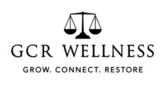 The business GCR Wellness, with the words Grow, Connect and Restore underneath. Above GCR Wellness is the shadowed image of balanced scales.